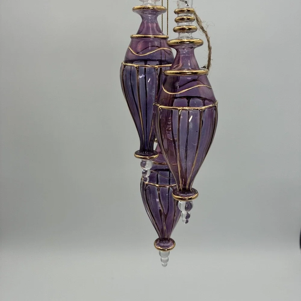 Purple Hand Blown Glass Ornaments Gold Filigree Teardrop Finial Set of 3 6